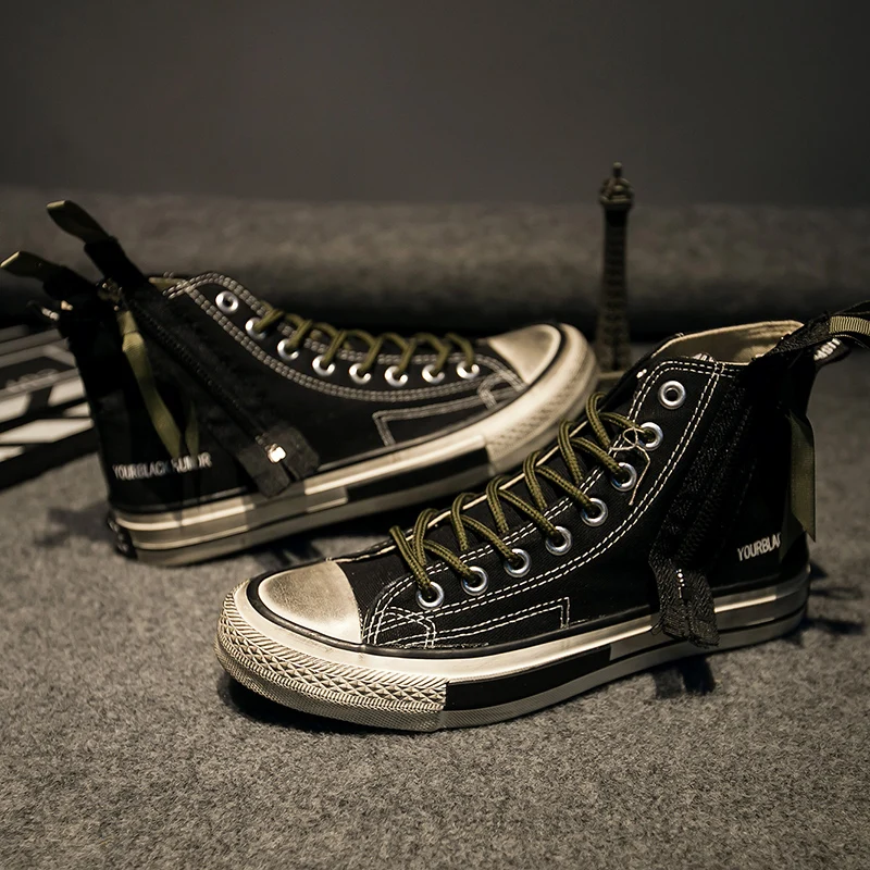 

Spring and summer new personality tide brand side zipper high top canvas shoes male Japanese men's classic couple models shoes, Black red