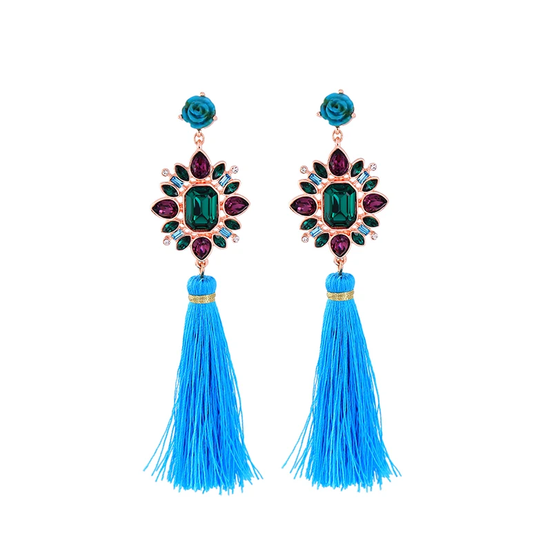 

ed01448b Blue Resin Flower Colorful Crystal Flower Line Tassel Drop Blue Earrings Stud