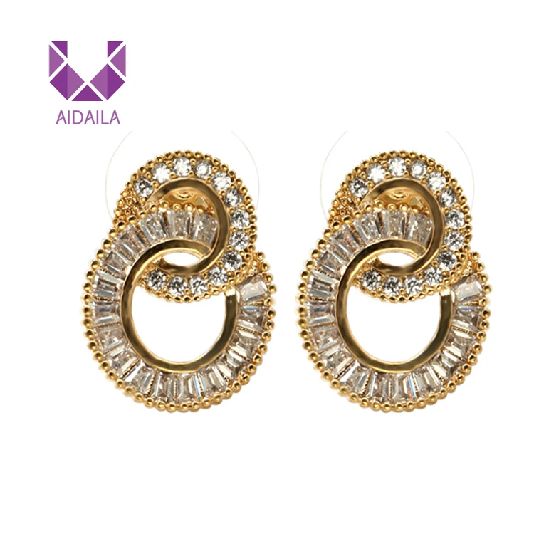 

AIDAILA Wholesale Luxury Grade Gold Plated Jewelry 18K Gold Stud Earrings Double Circle Zircon Studs Earring For Women, Gold;silver