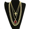 Red Black Ruby stone with angle jesus angle gold color big cuban chain necklace set hip hop rhinestone stone pendant necklace