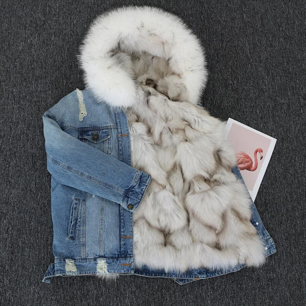 

Fashion Wholesale Real Jean Jacket Women Fur Lining Coat Denim Jacket, We can dyeing any color