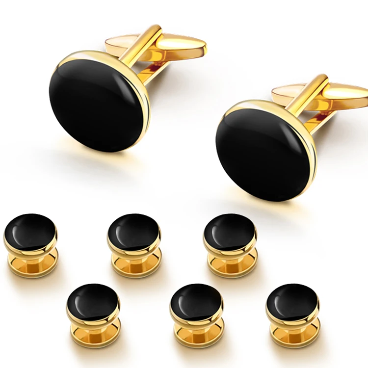 

Men Business Tuxedo Rhodium-Plated Enamel Cufflinks Black Gold-Tone Stud Set bouton de manchette, Silver and black cufflinks and studs set