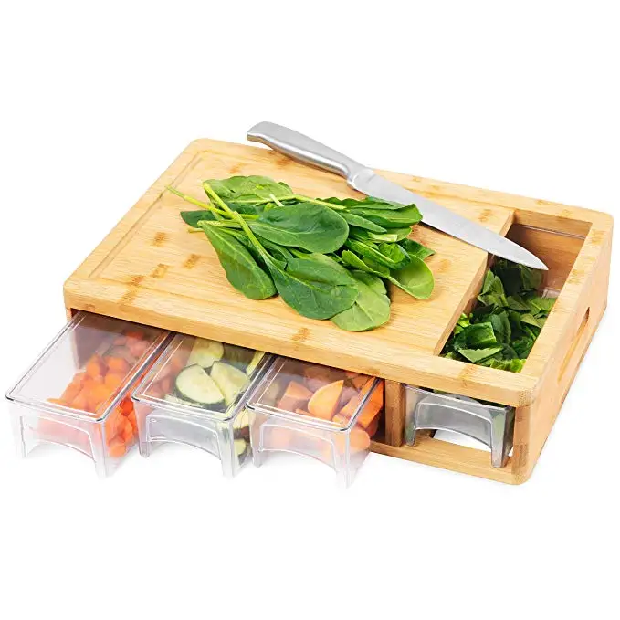 

Bamboo Cutting Board With Trays and LIDS. Multi-functional: 4 draws can be used as prep dishes or for storage., Natural