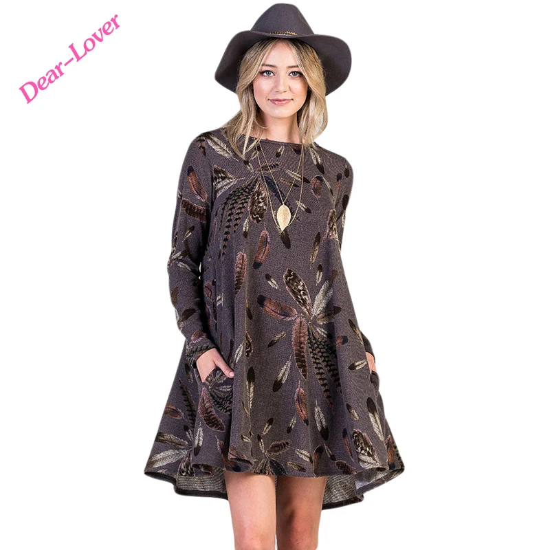 

Coffee Feather Graphic Print Winter O-Neck Pocket Tunic Boho Dress, As shown