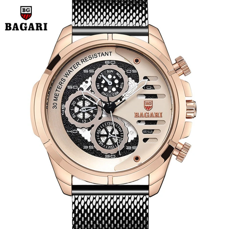 

BAGARI Brand Men Watch 2019 Fashion Luxury Steel Big Wrist Watch Japan Quartz Wristwatch Male Clock Man Sport Watch Reloj Hombre