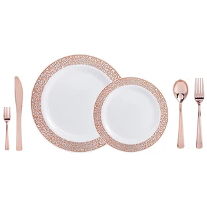 Image of Amazon Top Seller 2019 New Product Tableware Set 6Pcs Disposable Biodegradable Rose Gold Plastic Salad Plate Fork Spoon