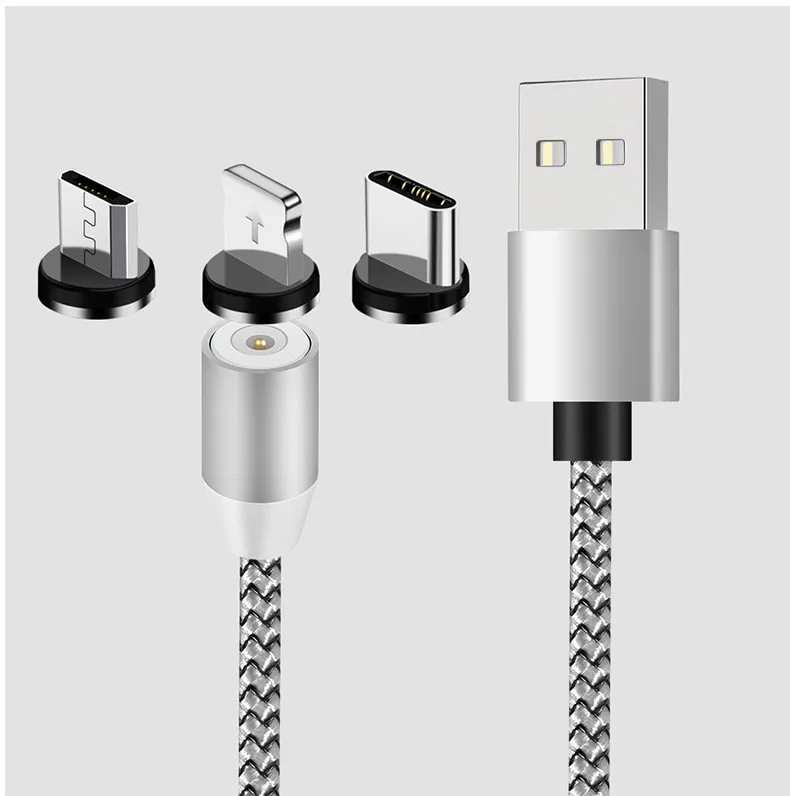 

Magnetic Phone Charger Cable, 3 in 1 Nylon Braided USB Quick Charge Data Cable Cord with LED Light For iPhone/Micro USB/Type C