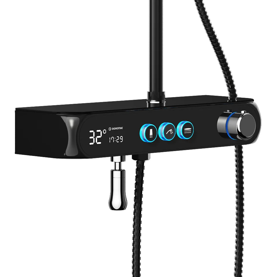 
black digital thermostatic bathroom faucet with rain head shower and hand shower for shower mixer set 