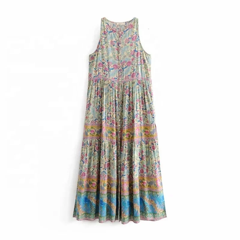 

Wholesale Bottom Side Open Sleeveless Floral Printed Bohemian Dress