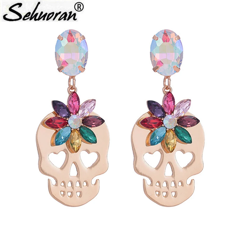 

High Quality Crystal Drop Earrings For Woman Zinc Alloy Skeleton Head Pendientes Party Oorbellen Brand Fashion Jewelry, 1 color