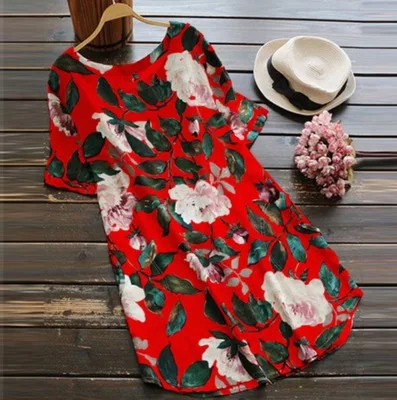 Cotton and linen dress female sweet print loose ladies short-sleeved dress
