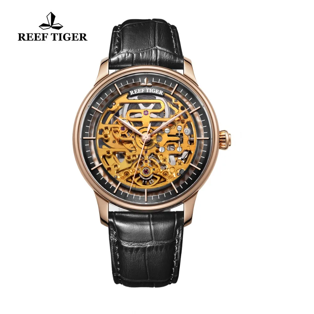 

Reef Tiger/RT Automatic Watches For Men Rose Gold Leather Band Skeleton Design Noble Watches Waterproof RGA1975, Multi colors