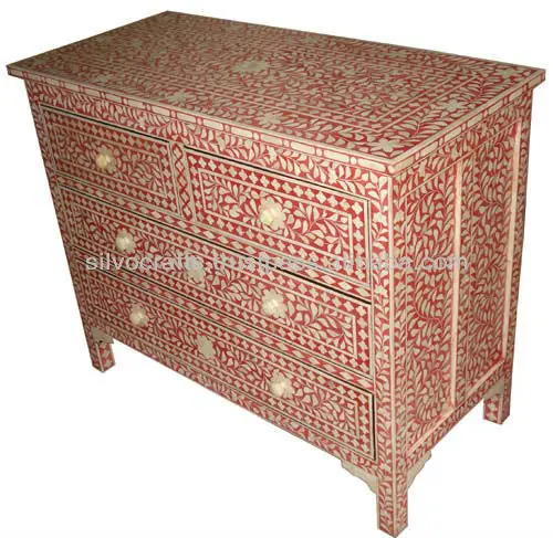 Indian Moroccan Style Camel Bone Inlay Chest Of Drawer Cabinet