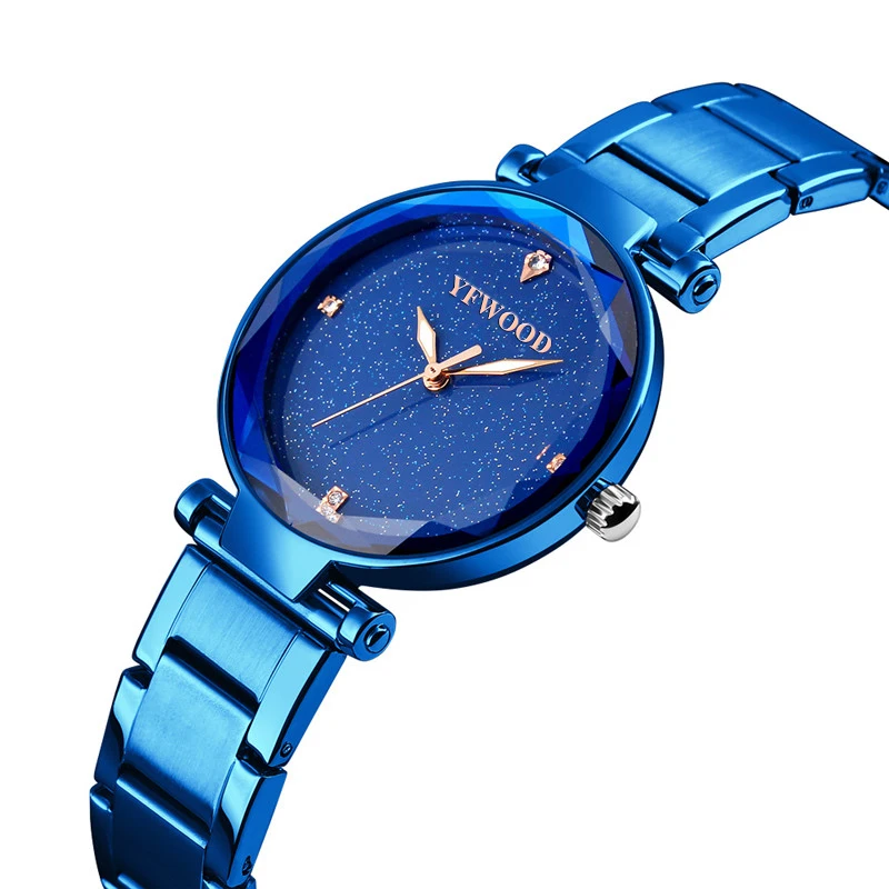 

YFWOOD 2019 New design All stainless steel wrist watch starry sky watch women luxury, Black/blue/white/rose gold