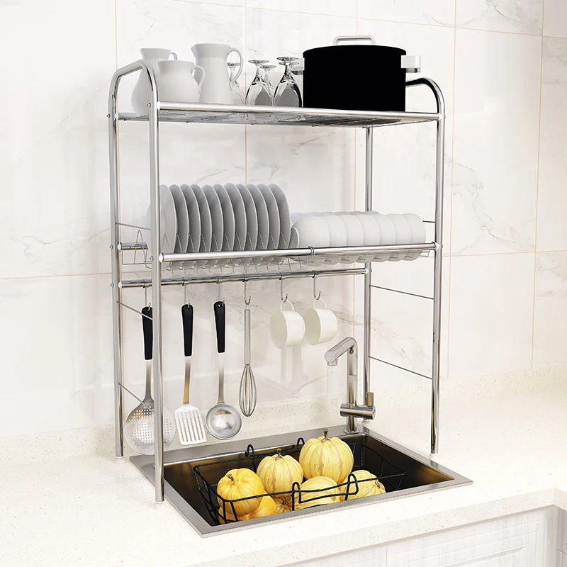 2 Tier Draining Stainless Steel Kitchen Metal Dish Drying Rack Over The Sink