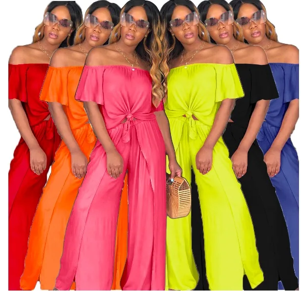 2019 Summer Women Off Shoulder Crop Top Wide Leg Pants Fashion Romper Jumpsuit Two Piece Set