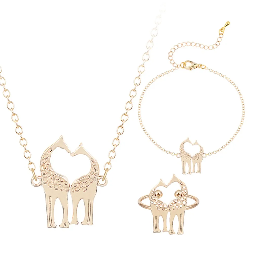 

Lovely Animal Jewelry Sets Giraffe Pendant Necklace 18k Gold Love you Animal Bracelets for Women Adjustable Rings For Girls, Gold plating;silver