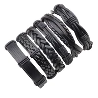 

Rock & Roll Singer 6 pcs Bracelet Set Mens Black Multilayer Adjustable Leather Bracelets & Bangles