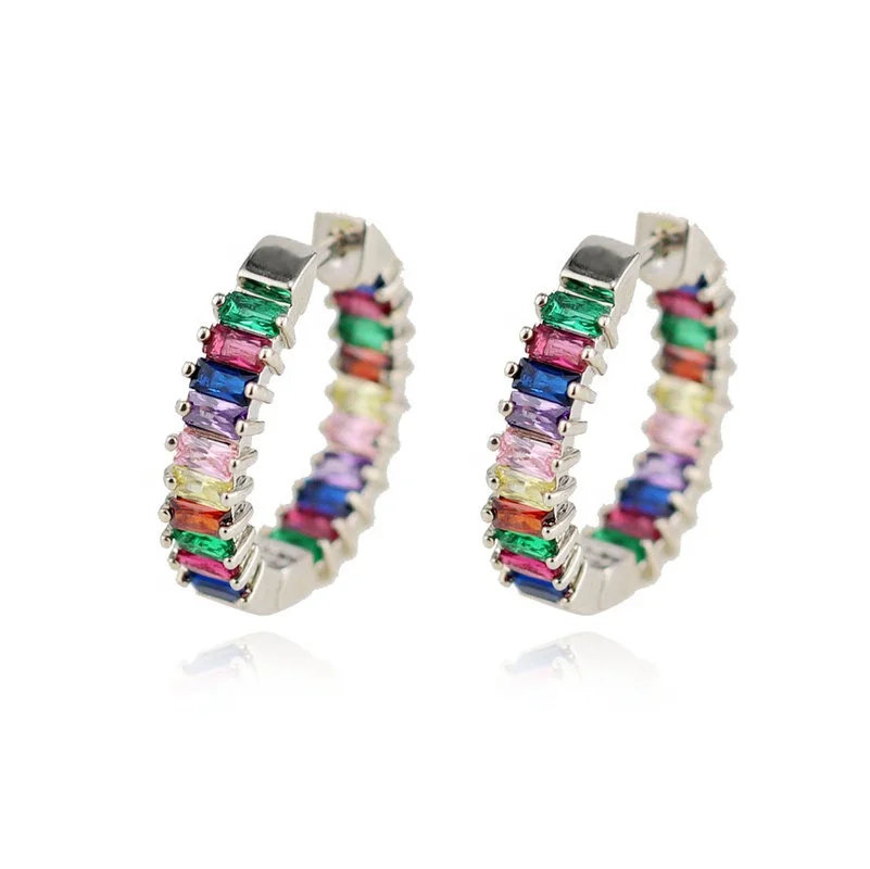 

Mix Color 18k Gold baguette Rainbow CZ Hoop Earrings