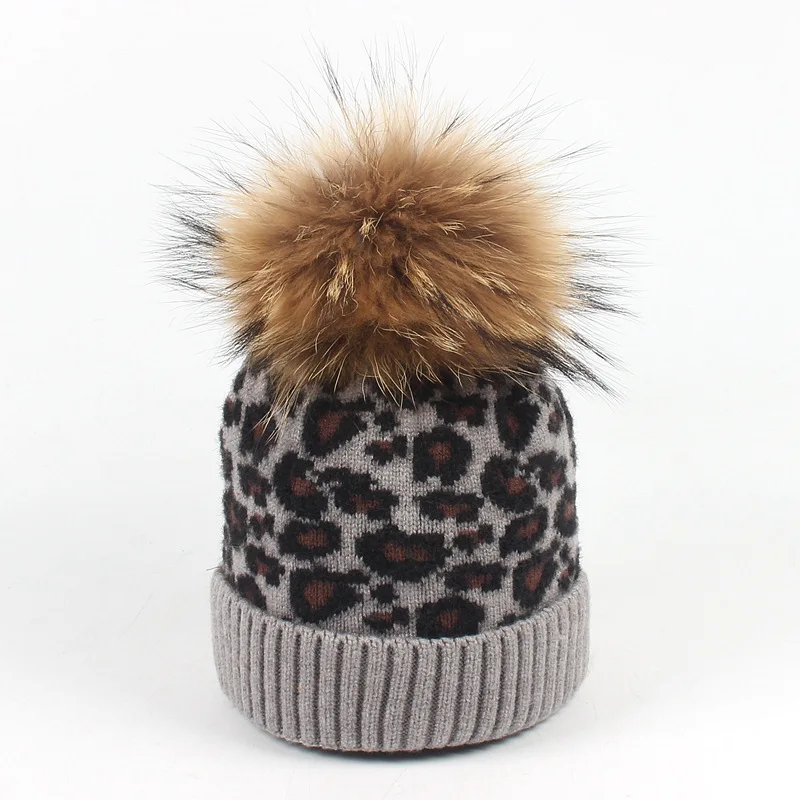 Fashion Classic Leopard Print Kids Woolen Beanie Hat Fur Pom Pom