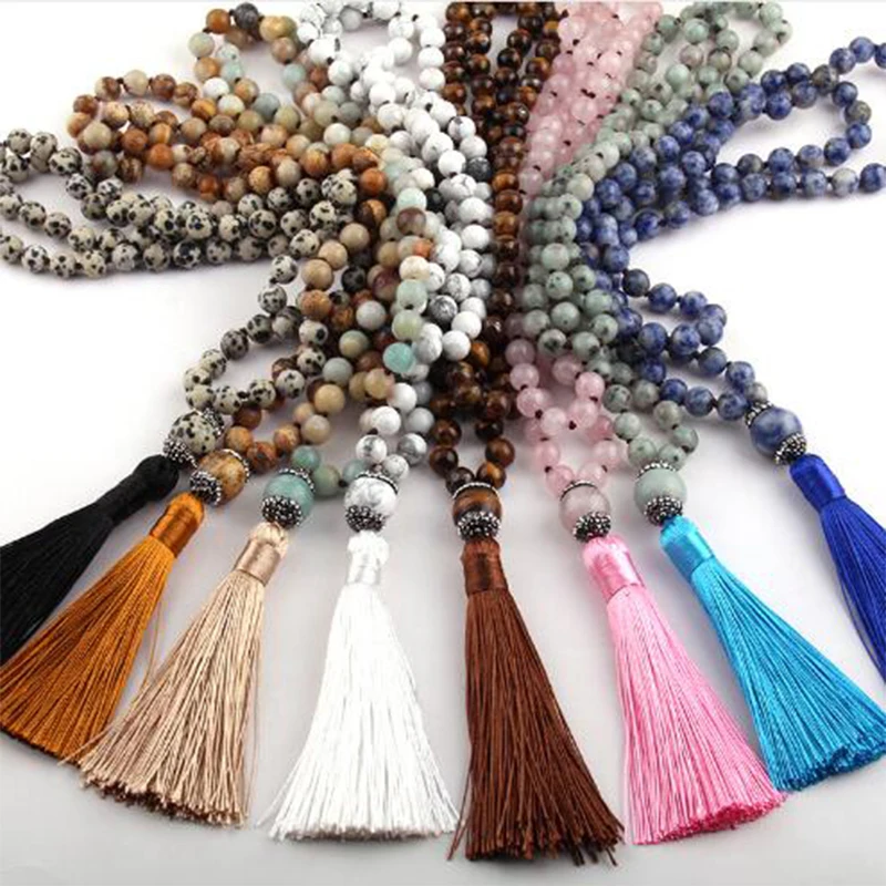

8mm Gemstone necklace Knotted with Crystal Pave stone Link Tassel Necklace jewelry For Women, 8 color