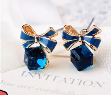 

Factory direct sales black bowknot stud earrings mini blue hexagon crystal drop earrings for women