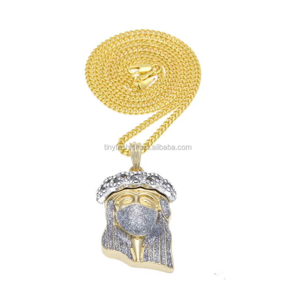 

New HipHop 18k Gold Plated Mask Jesus Face Pendant Necklace simulate CZ Diamond Jesus Piece Jewelry Cuban Chain bling iced