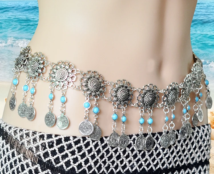 

coin flower tassel body chain,belly dance waist chain,girls waist chain, Silver