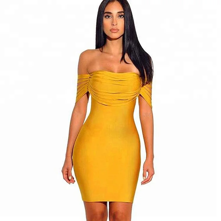 

2019 summer sexy women's yellow bandage dress chic strapless tight dress club evening dress