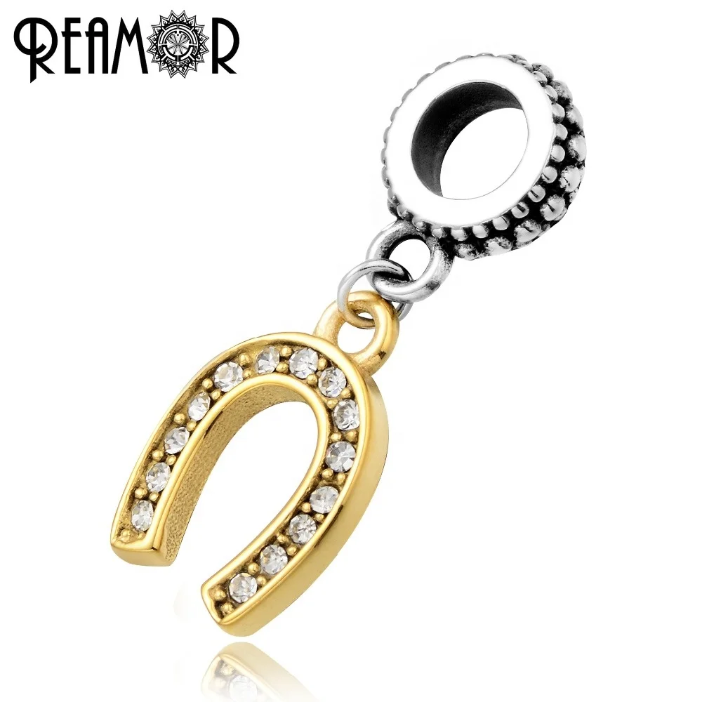 

REAMOR Micro Pave Zircon Plating Gold Horseshoe Pendants 5mm Hole Size U Charms Beads For Bracelets DIY Bead Jewelry Accessories