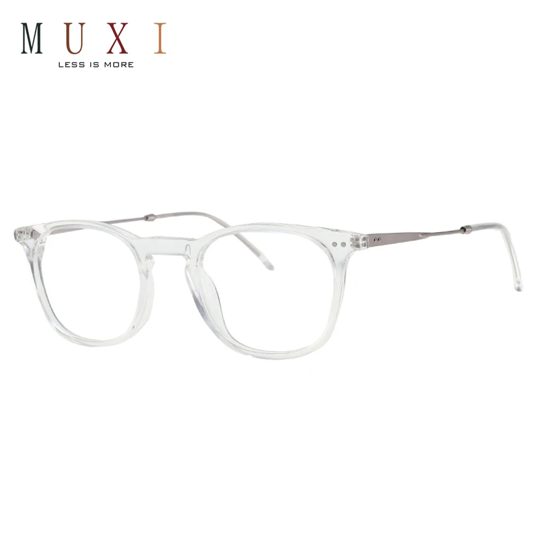 Chinese fashion transparent frame thin metal temple clear acrylic lens round unisex acetate optical frames with spring hinge