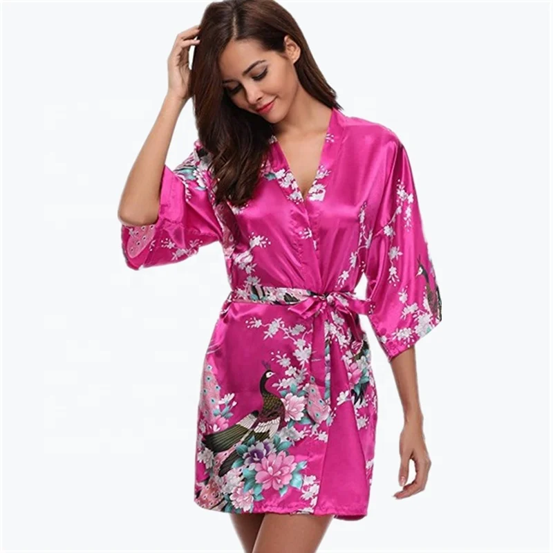 

Popular Watercolor Floral Bridal lingerie Party Sexy Satin Robe, Blue;pink;white;purple;black;red