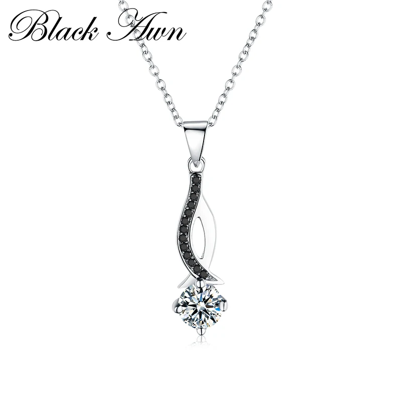 

[BLACK AWN] Genuine 100% 925 Sterling Silver Timeline Necklaces&Pendants Jewelry Trendy Black&White Stone Necklace Women P073