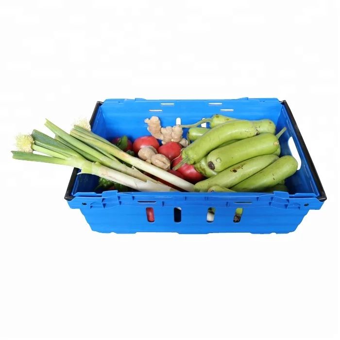 

QS Plastic Apple Bins Mesh Nest Stack Vented Plastic Fruit Vegetables Crate Storage Tote Boxes Market Basket for Sale, Customized