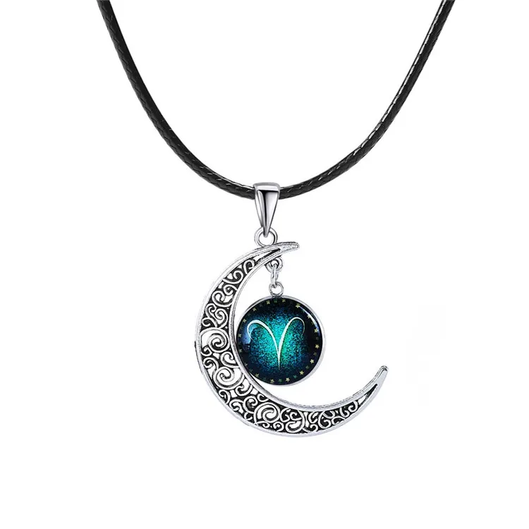 

Women Silver Moon Glass charm 12 zodiac Gemstone Pendant Leather Chain Stainless Steel Necklaces Jewelry, Silver green