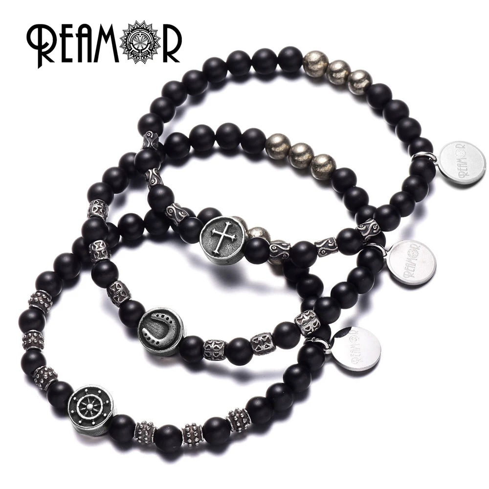 

REAMOR Stainless Steel Horseshoe&Rudder&Cross beads with Natural Black Onyx&Iron Pyrite bead Stretch Bracelet for Men Jewelry