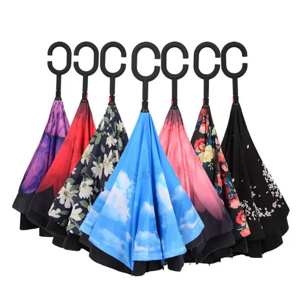 

wholesale reverse umbrella new 2018 Inverted Umbrella Double Layer Reverse Rainy Sunny Umbrella with C Handle