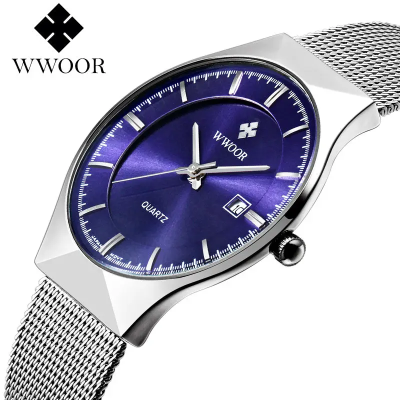 

WWOOR 8016 New Top Luxury Watch Men's Watches Ultra Thin Stainless Steel Mesh Band Quartz Wristwatch Fashion casual watches