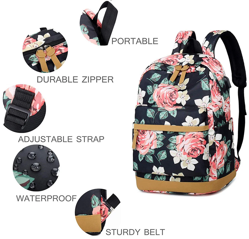 2 In 1 Set Black Rose Flower Backpack 15.6 Inch Laptop Backpack With ...