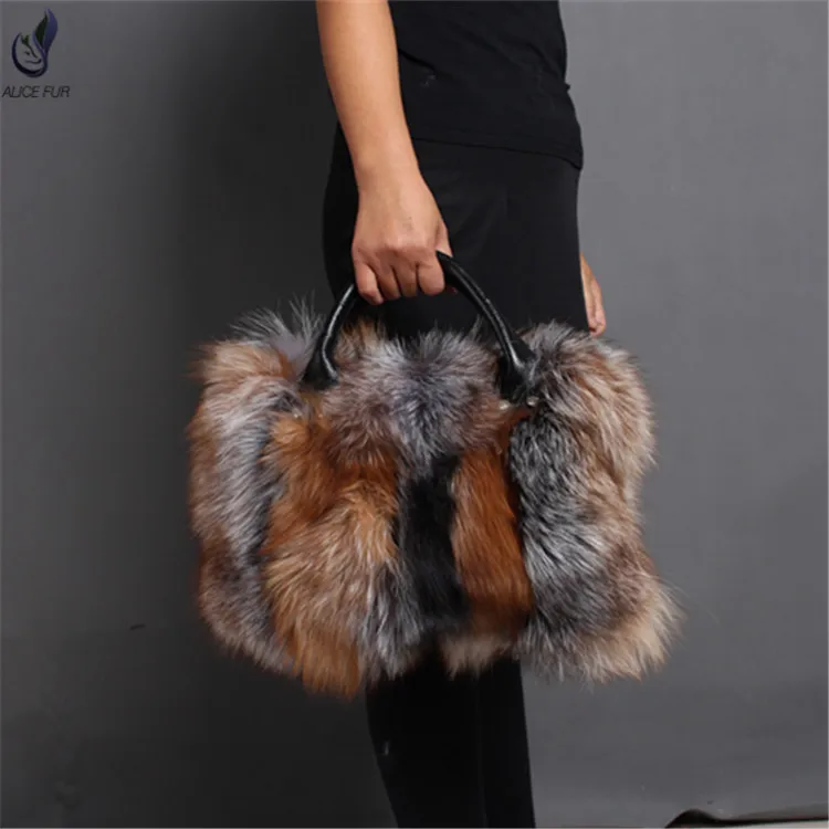 

ALICEFUR Wholesale price Ladies big size natural fox fur shoulder bag for sale, Natural or custom color