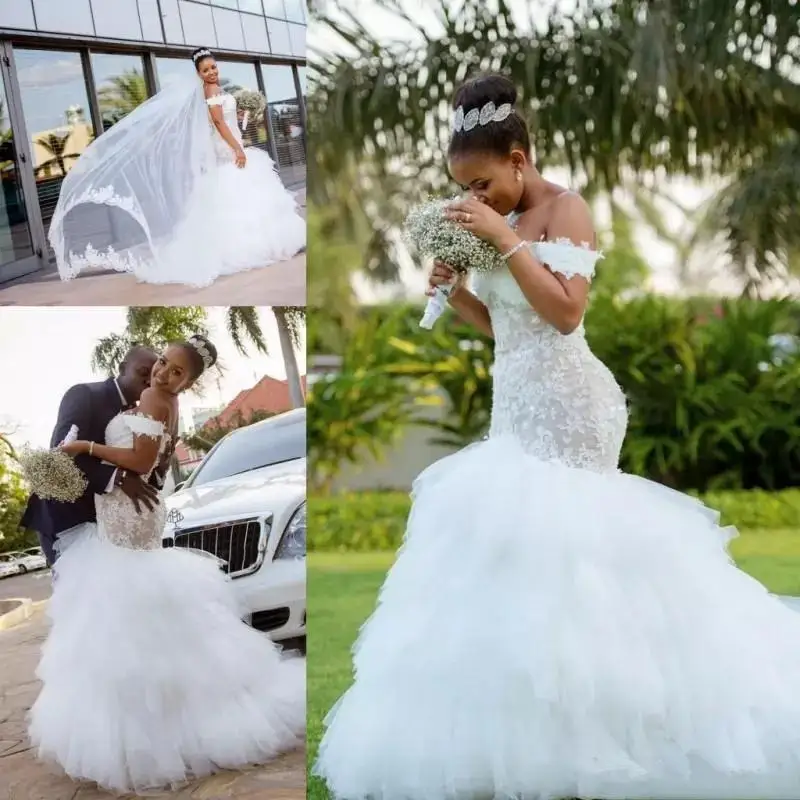 

NE311 African Mermaid Wedding Dresses Lace Appliques Off Shoulder Bridal Gowns Custom Made Tiered Tulle Wedding Dress Plus Size, Default or custom