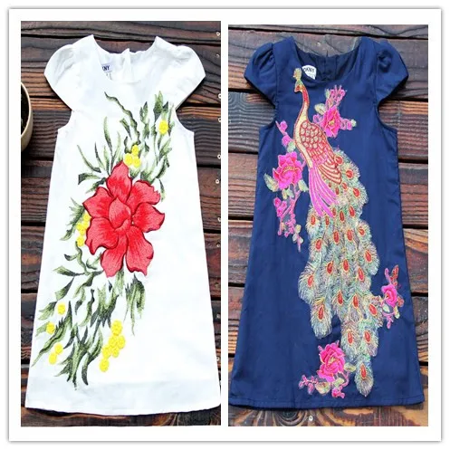 

Wholesale Summer Cotton Embroidered Peacock Flowers Kids Girls Dress