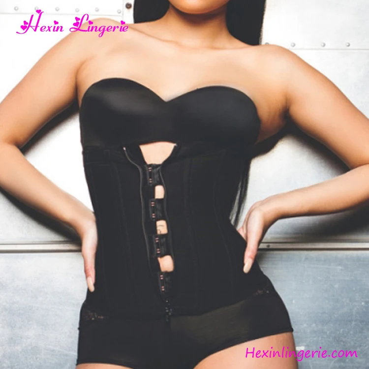 

Fast Shipping Black 7 Steel Boned Clip and Zip Latex Waist Trainer, Black latex waist trainer
