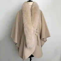 

Elegant beige cape women winter jacket boutique handmade 10% cashmere fur coat wool poncho with fox fur collar leather belt