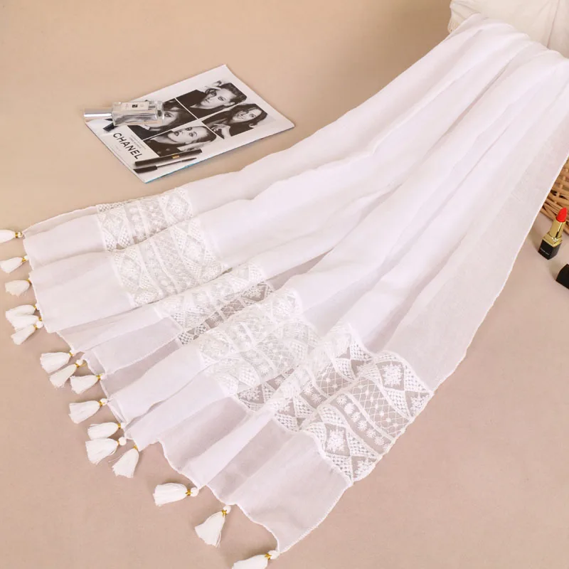 

muslim lace trim scarf cotton tassel hijab