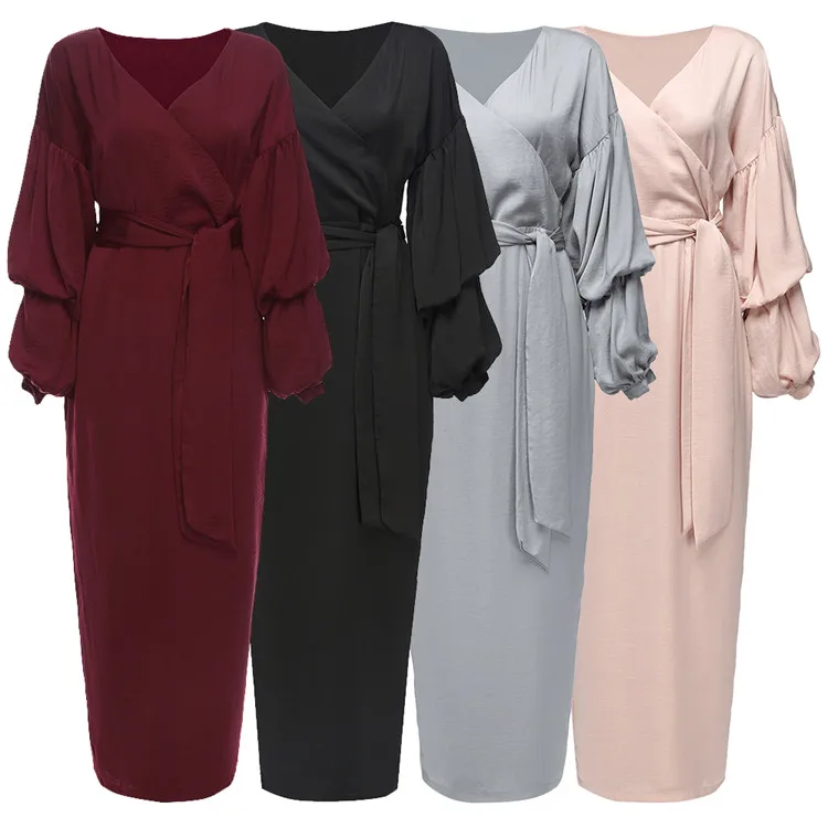 

Latest Elegant Silk Satin Fashion Modest Islamic Clothing Abaya Muslim Women Puff Sleeve Maxi Dress, Black;beige;wine red;gray