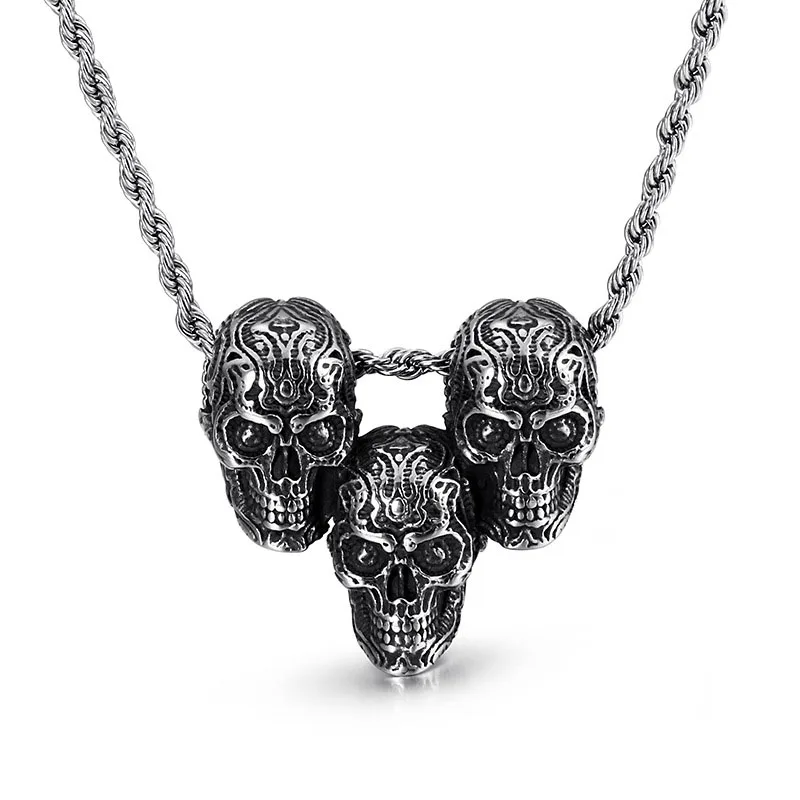 Hiphop vintage titanium steel multi skull head pendant necklace