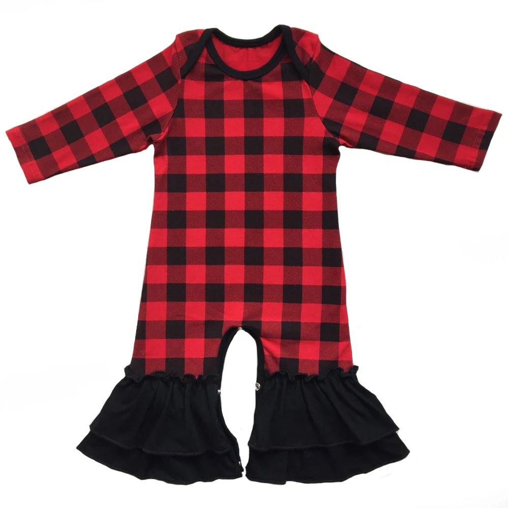 

RTS Newborn ruffle romper girl fall christmas halloween thanksgiving red black buffalo plaid flutter baby onesie cotton romper, Picture