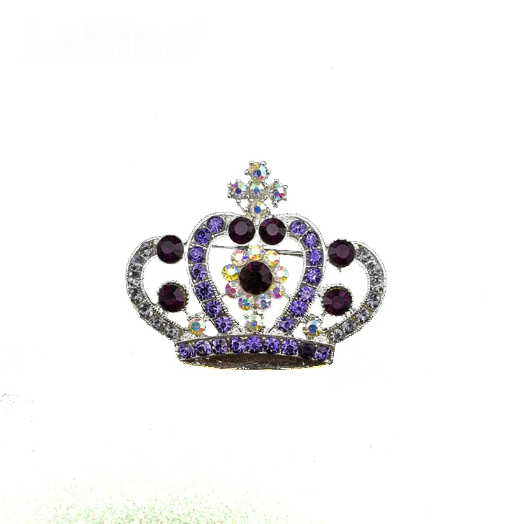 

Silver Plated Purple Crystal Rhinestones Design Royal Crown Brooch Pin in Zinc Alloy Jewelry