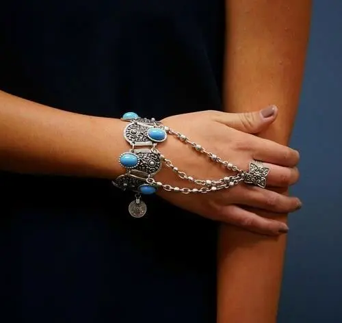 

BOHO Women Carved Coin Turquoise Bracelet Bangle Slave Chain Link Finger Ring Hand Harness, Silver